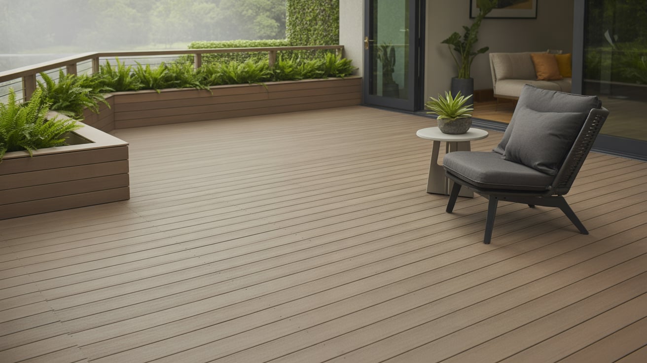 Composite Decking 10 Spacious composite deck with modern seating and planter boxes