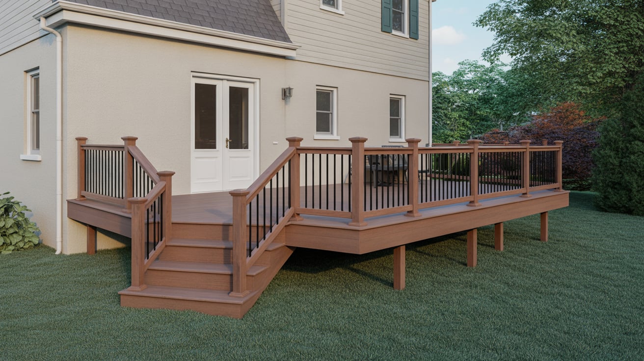 Composite Decking 11 Composite deck installation with stairs and railing in a residential backyard