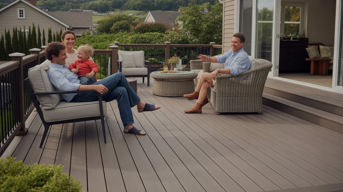 Composite Decking 12 Family relaxing on a composite deck with outdoor seating