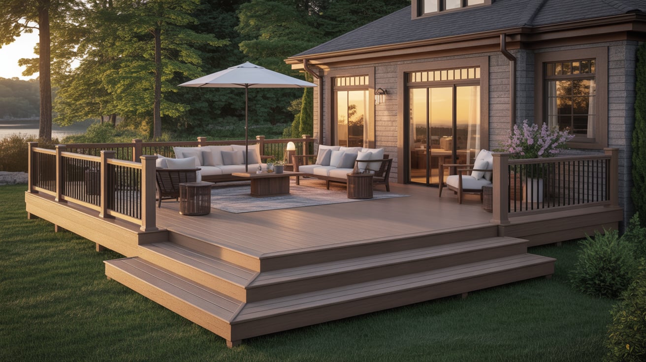 Composite Decking 1 Custom composite deck installation with railing and outdoor seating