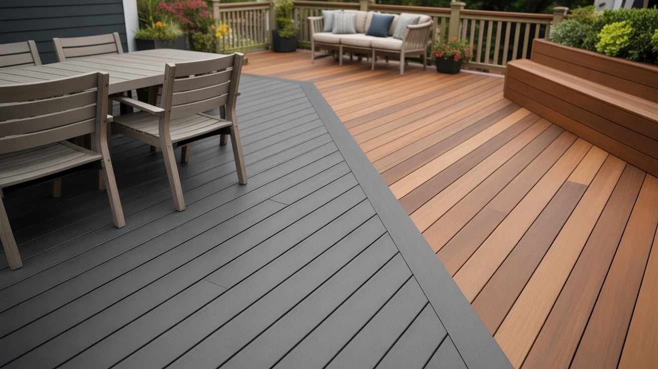 Composite Decking 2 Two-tone composite decking boards with modern outdoor seating