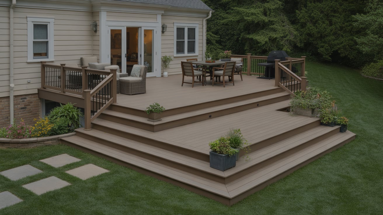Composite Decking 9 Multi-level composite deck installation with stairs and railing