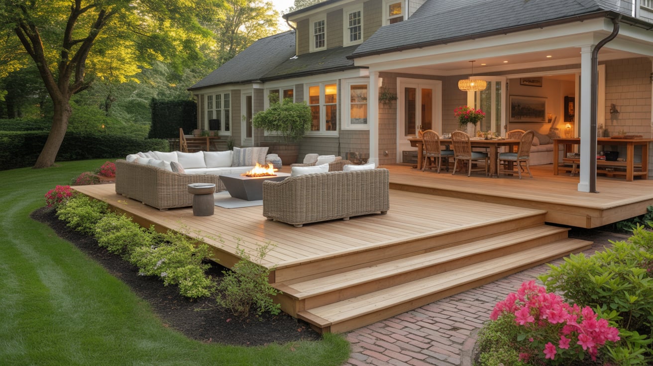 Custom backyard deck installation with seating and fire pit