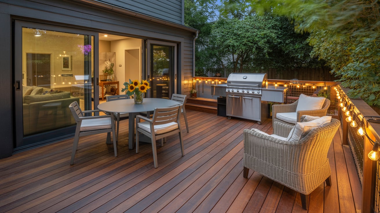 Modern backyard deck installation with seating and outdoor grill