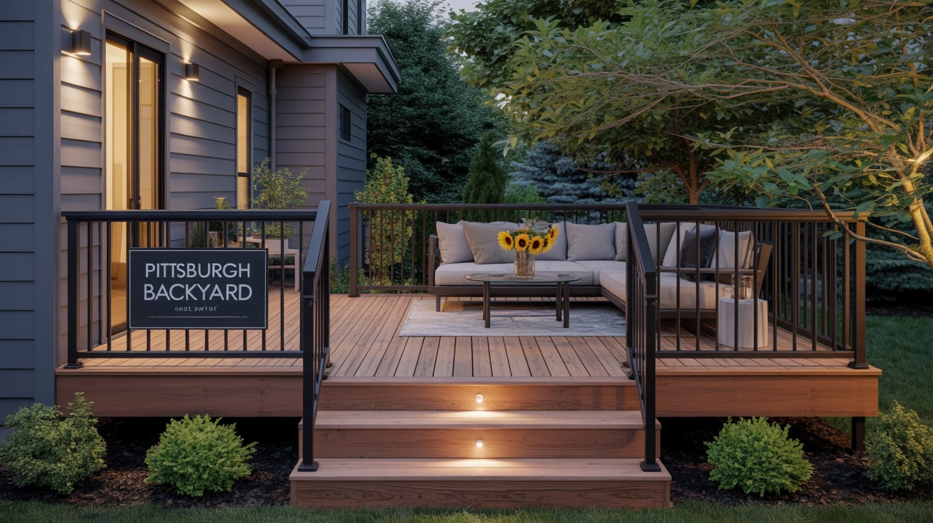 Finished backyard deck installation with railing and seating in Pittsburgh