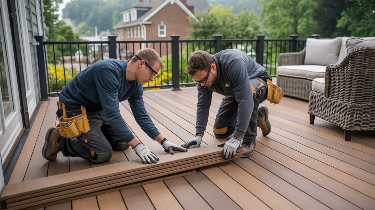 Professional deck installers fitting composite deck boards on a backyard deck
