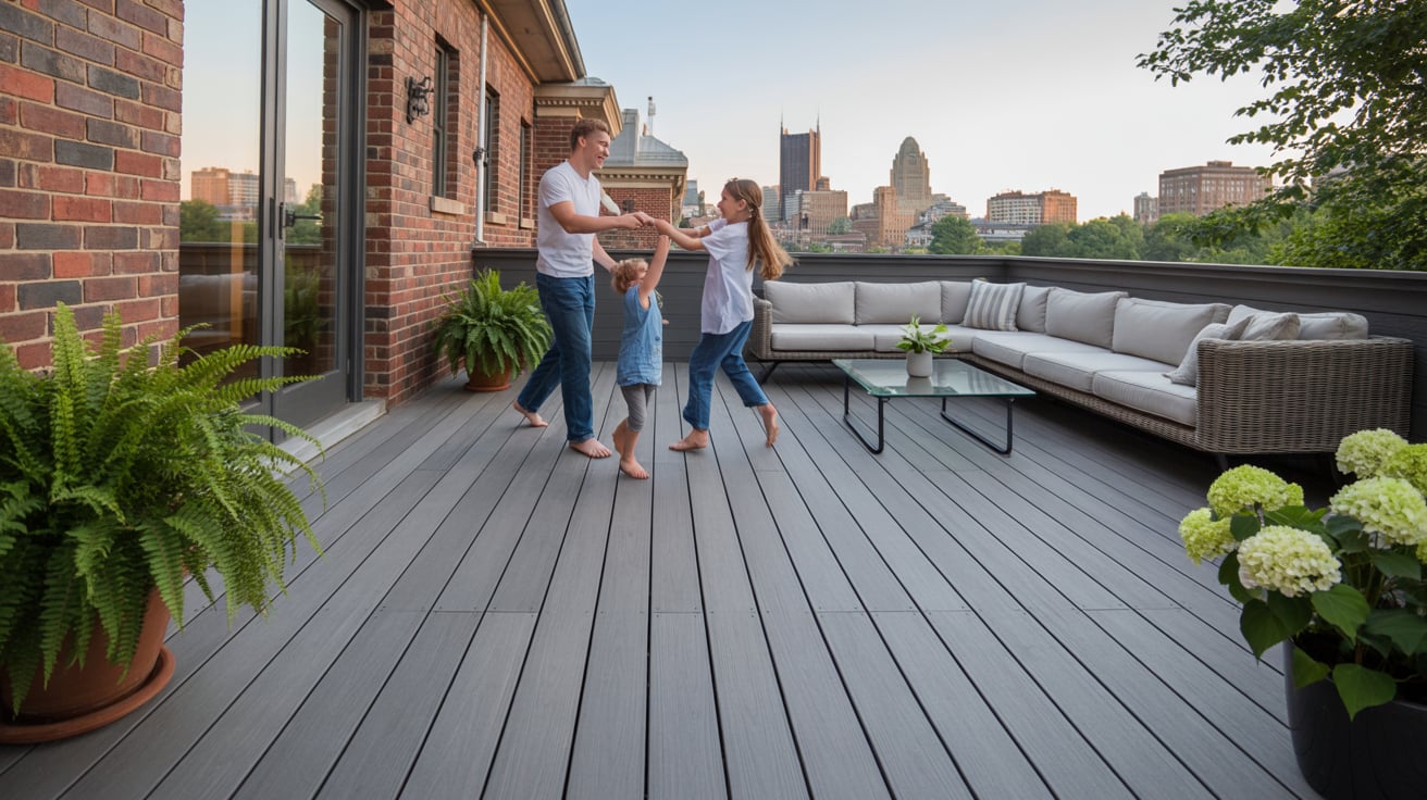 Family enjoying a modern rooftop deck with city views
