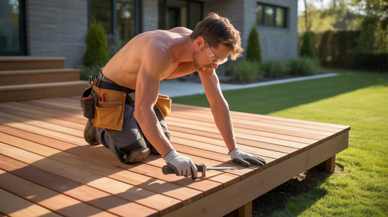 Deck builder installing wooden deck boards in a residential backyard