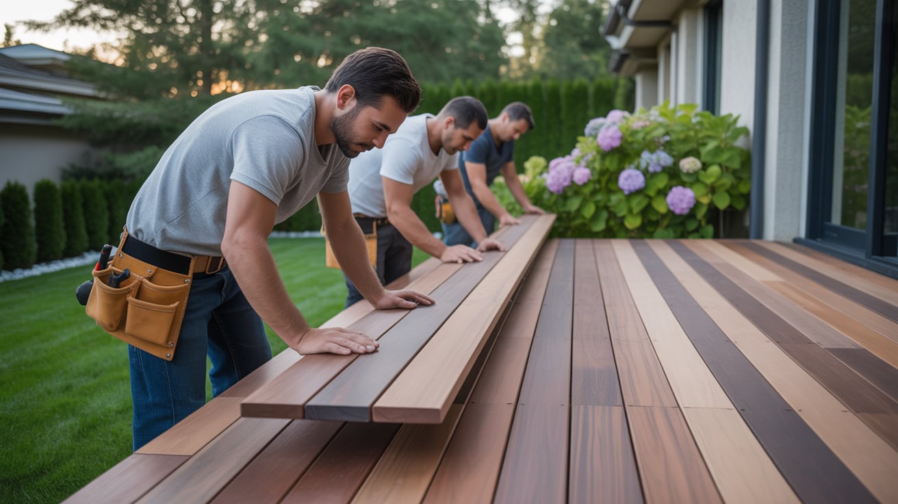 Deck builders installing composite deck boards on a residential patio