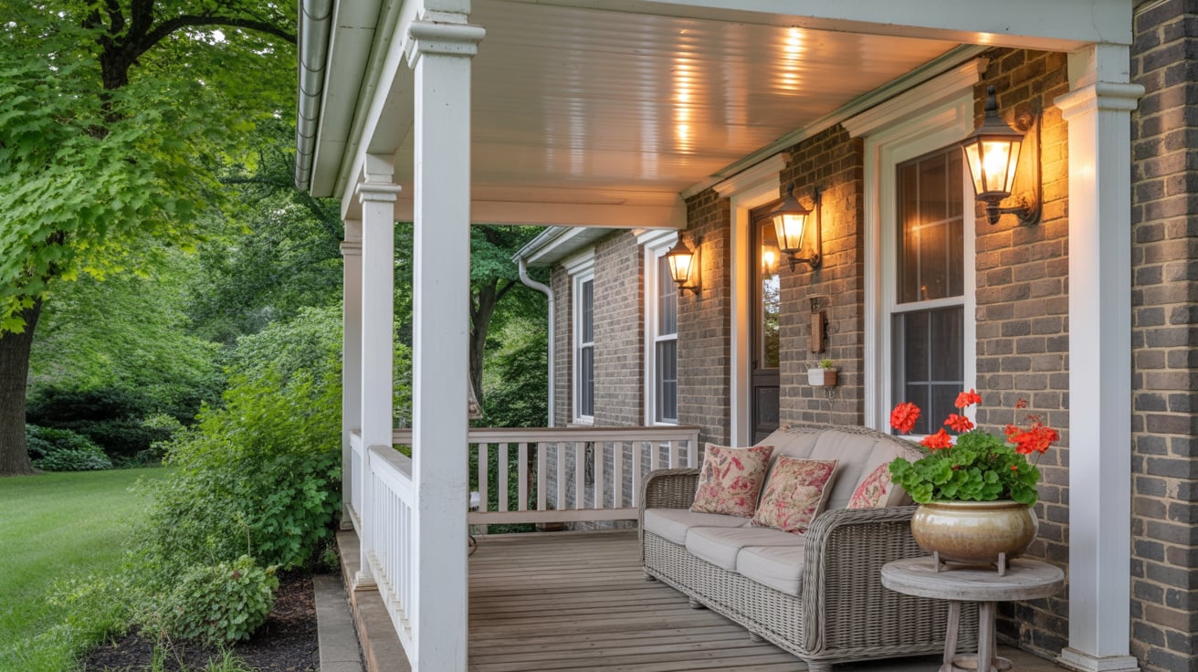 Covered front porch with custom roof and outdoor seating
