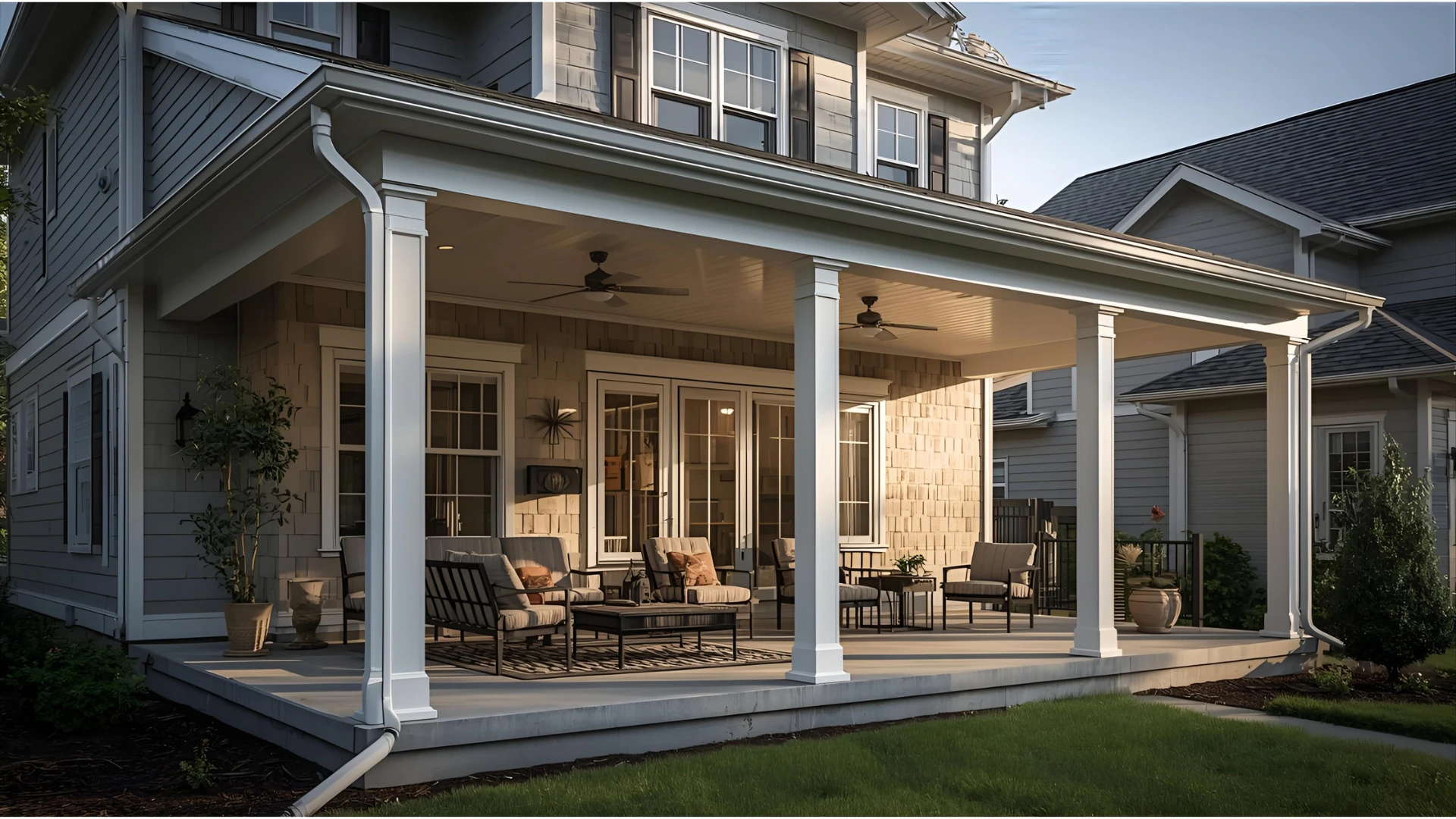 Covered porch roof installation with columns and outdoor seating