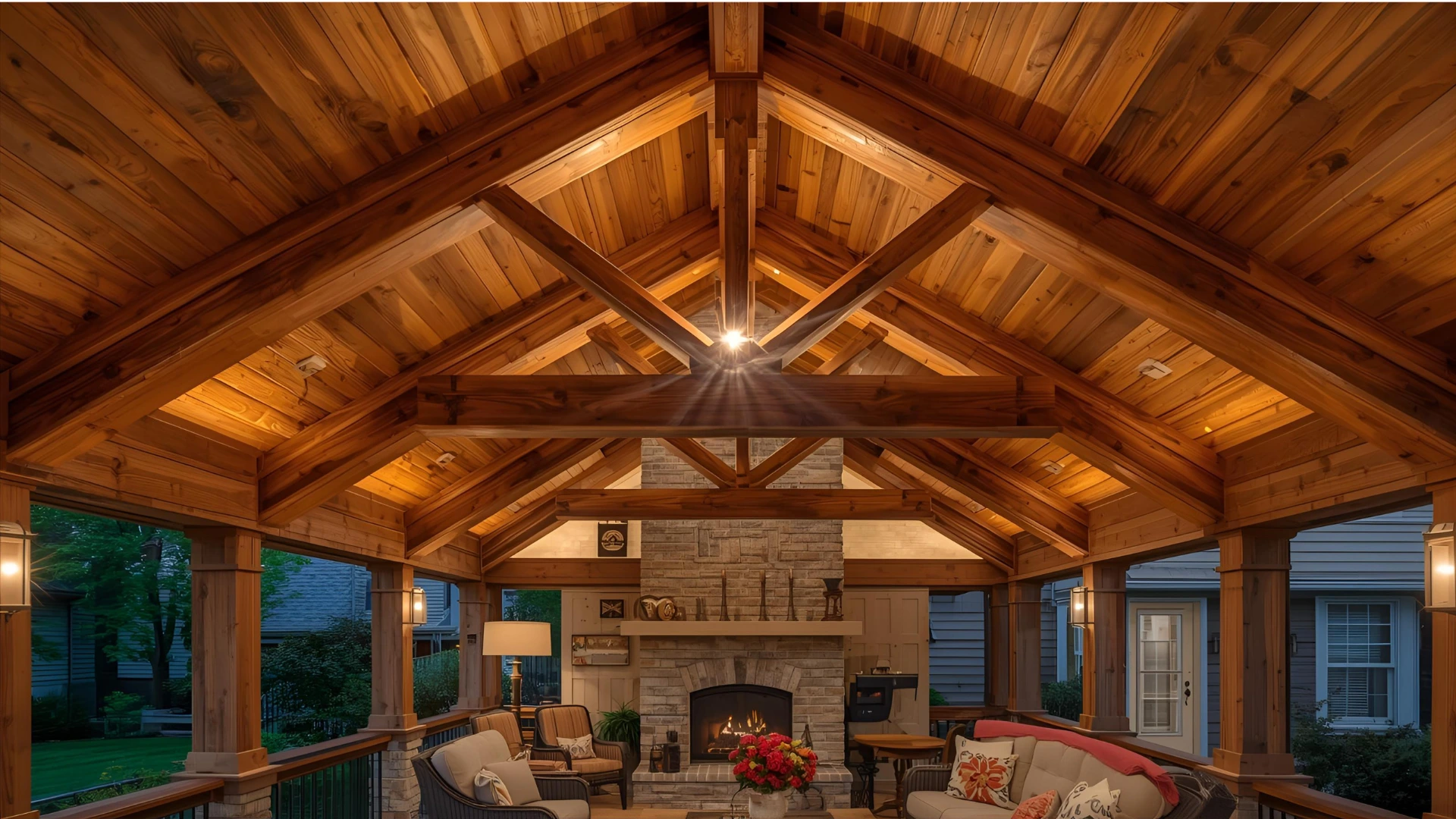 Custom wood porch roof interior with exposed beams and seating
