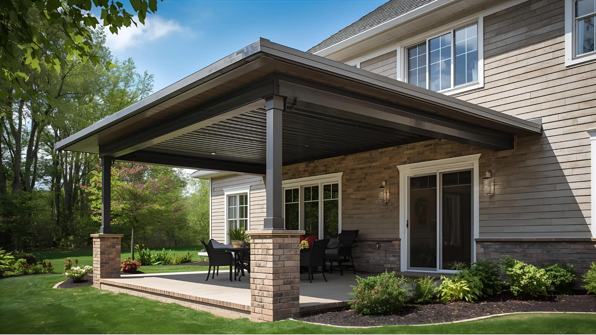 Modern covered porch roof with metal panels and outdoor seating
