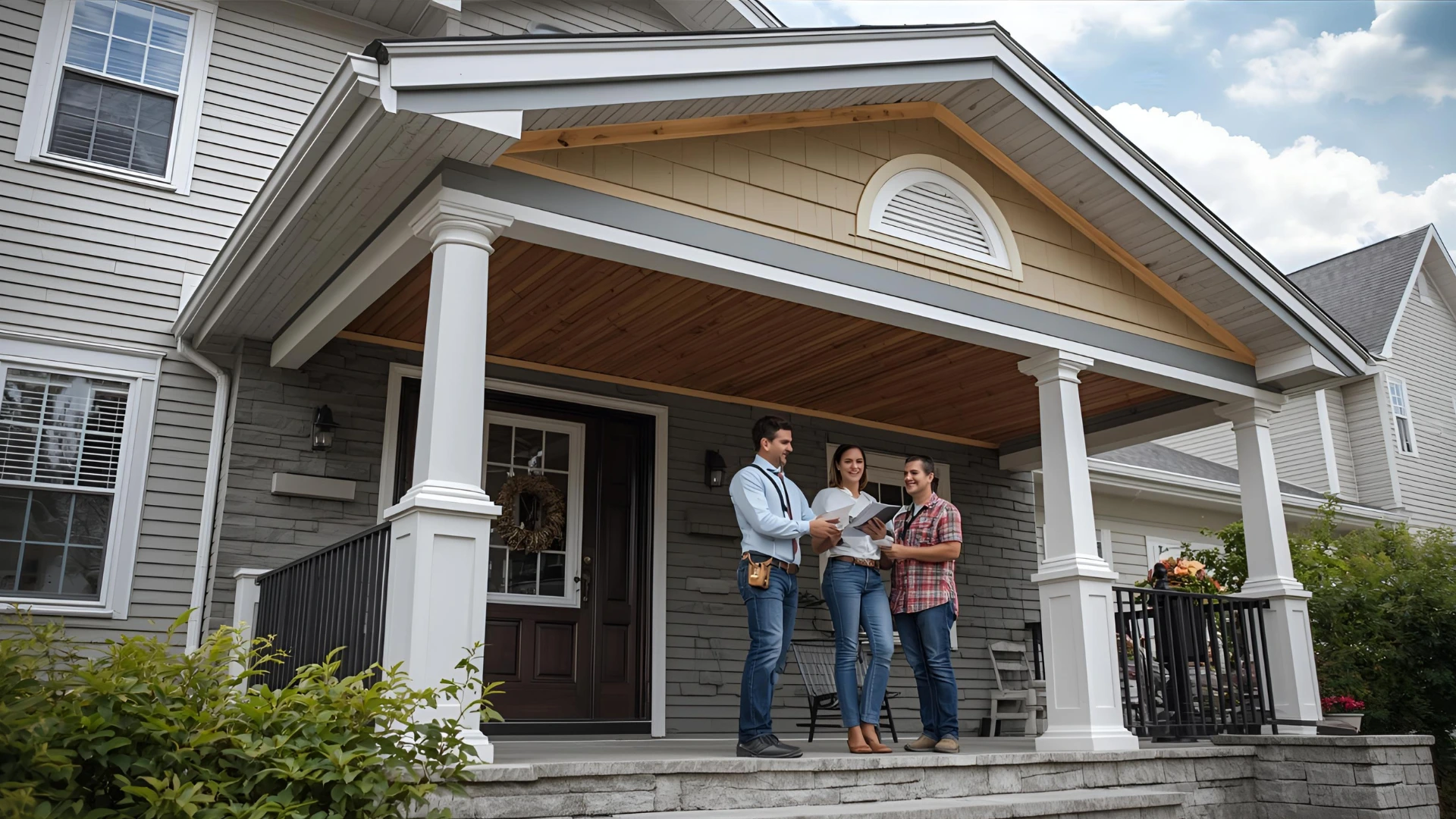 Homeowners meeting with contractor under a newly built porch roof