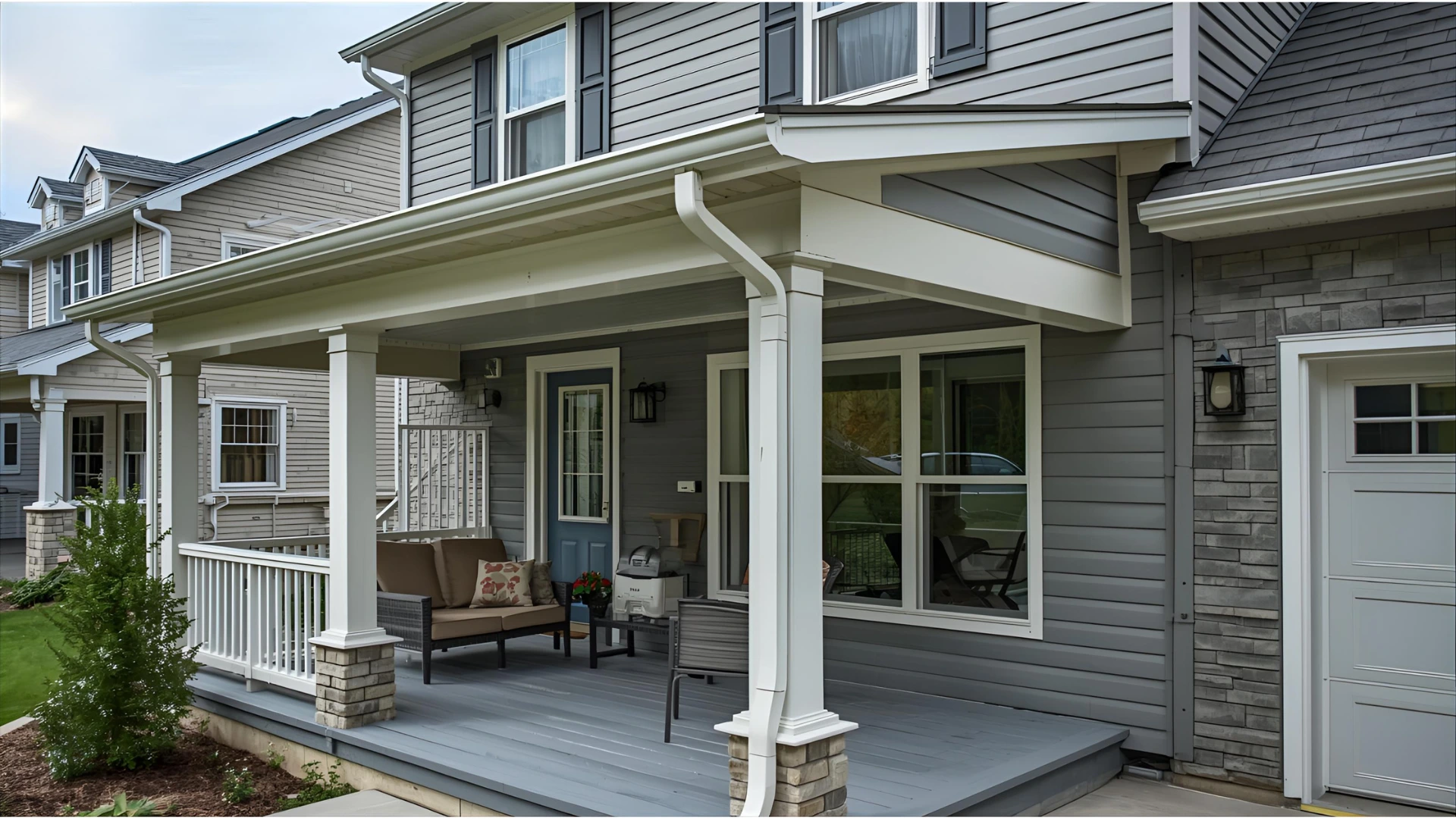 Front porch roof installation with columns and covered seating