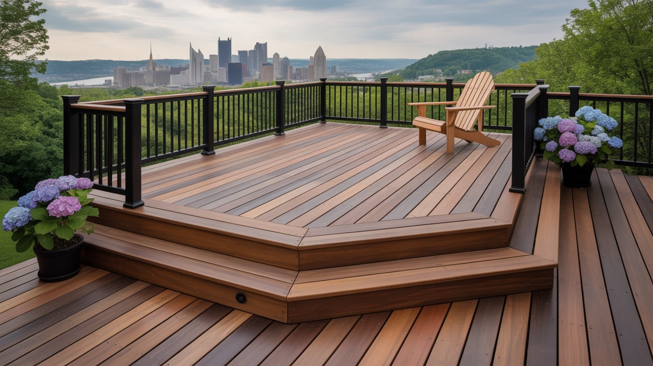 Deck Remodeling & Repairs 8 Remodeled backyard deck with new boards and city view in Pittsburgh
