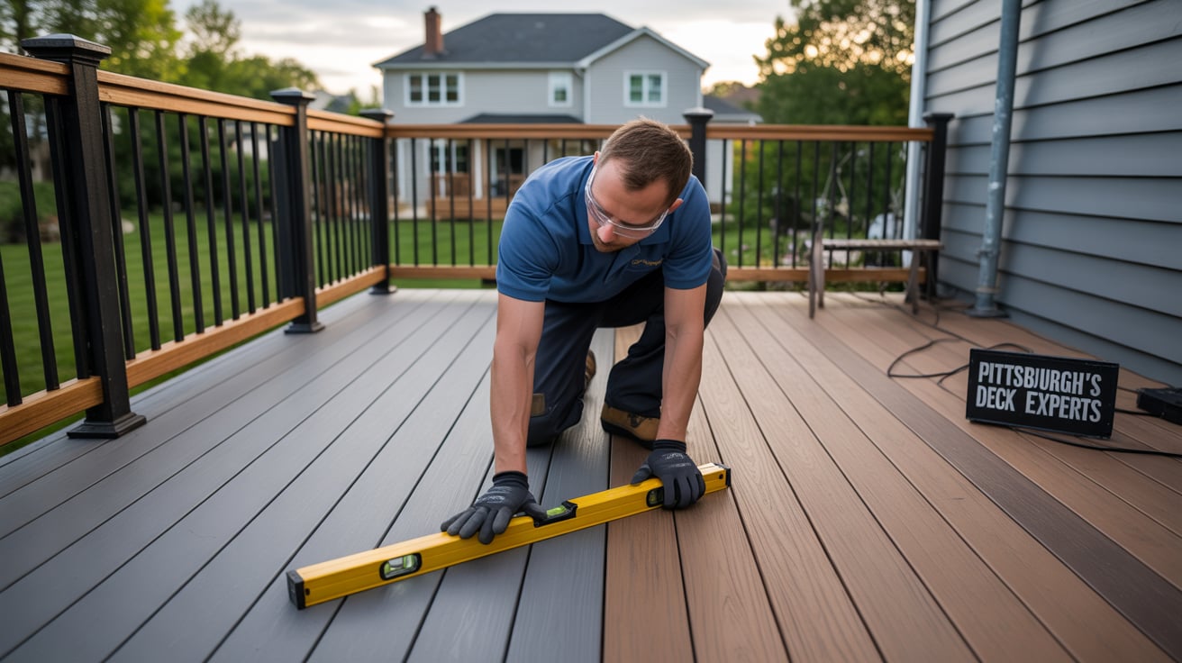 Deck Remodeling & Repairs 11 Deck remodeling expert leveling new deck boards during repair work