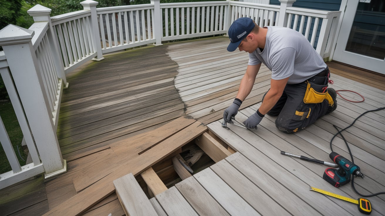 Deck Remodeling & Repairs 1 Deck repair contractor replacing damaged deck boards