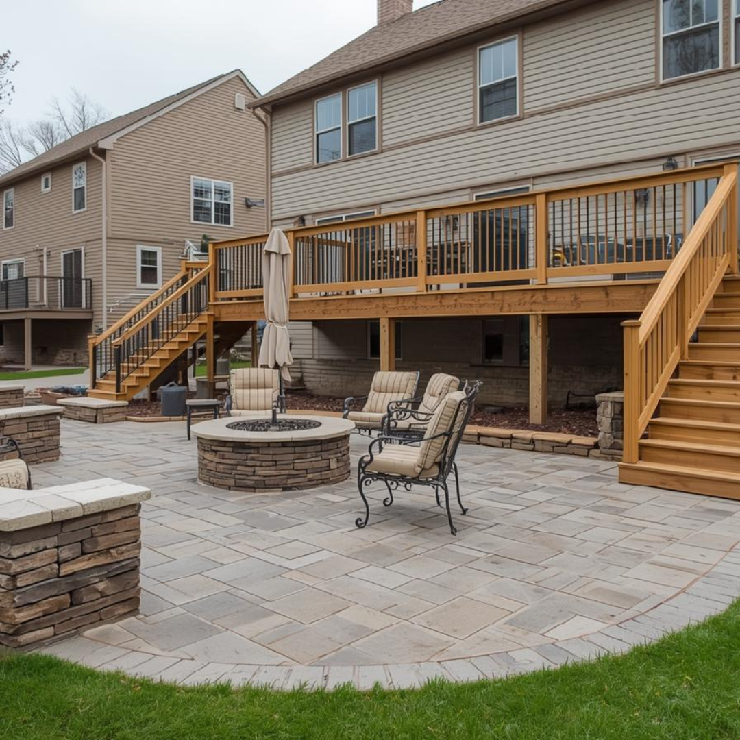 Custom concrete patio with stone pavers and built-in fire pit beneath an elevated deck, designed for outdoor living in a Pittsburgh home.