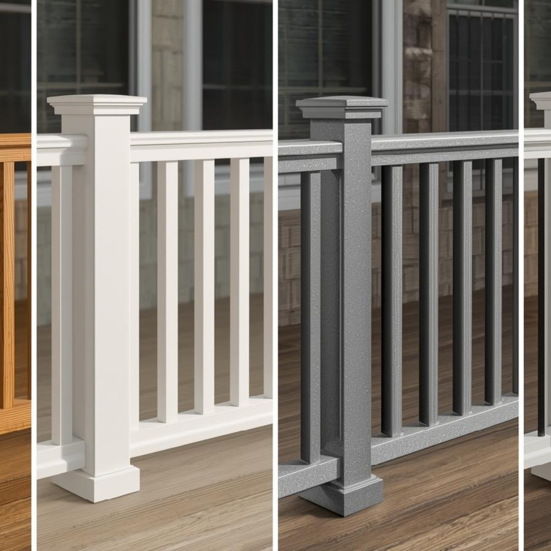 Railings & Stair Installation 8 Comparison of white and gray composite deck railing styles installed by professional railing contractors in Pittsburgh.