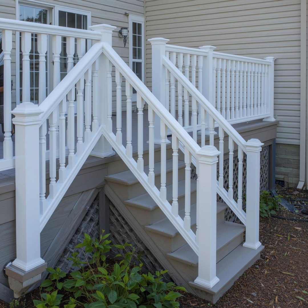 Railings & Stair Installation 9 White vinyl deck stair railing with square posts installed on a residential outdoor staircase in Pittsburgh.