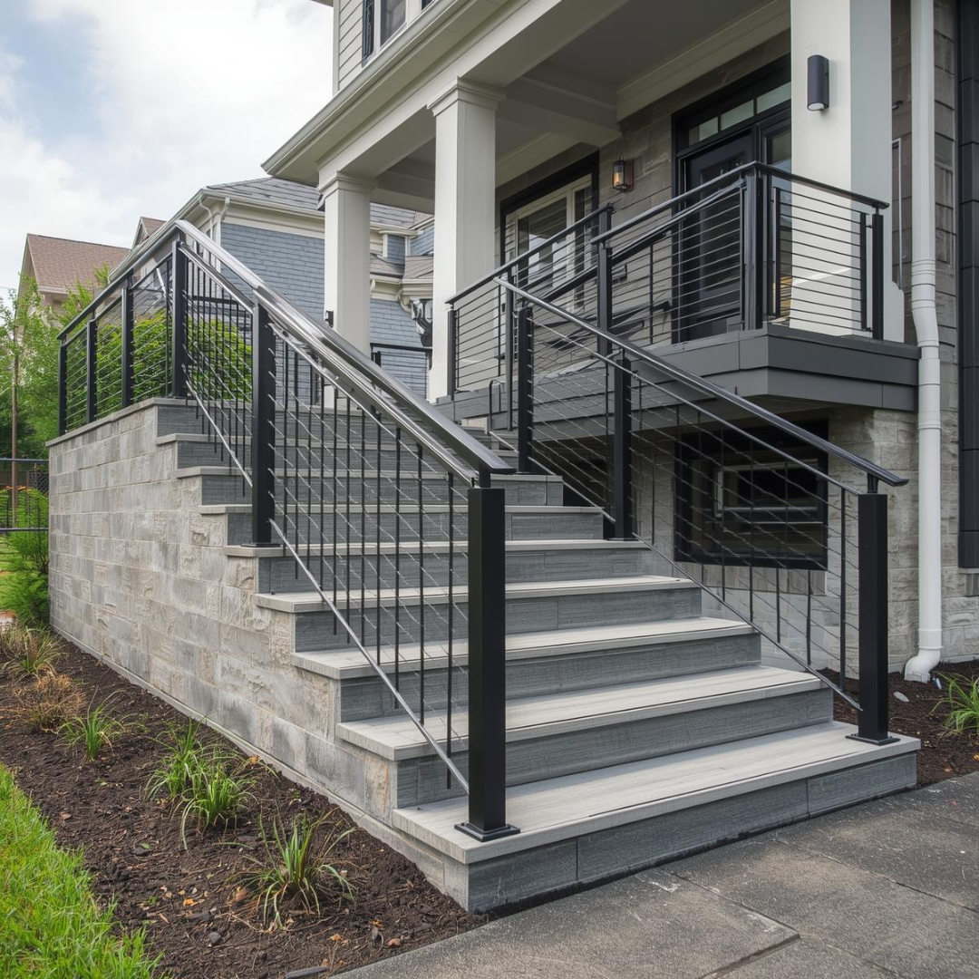 Railings & Stair Installation 10 Black metal cable stair railing installed on concrete steps for a modern home exterior in Pittsburgh.