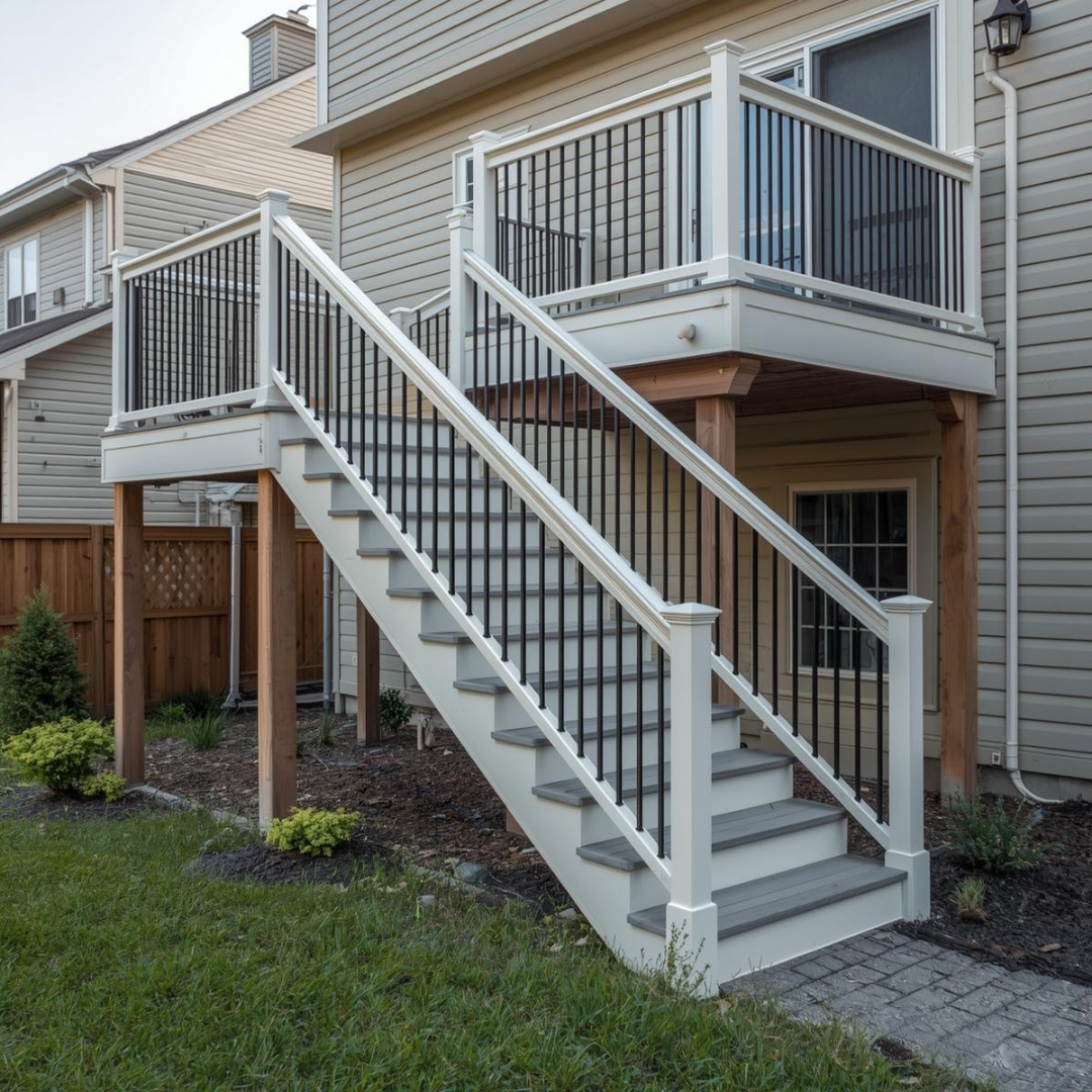 Railings & Stair Installation 11 Deck stair railing with black balusters and white posts installed on an elevated backyard deck in Pittsburgh.