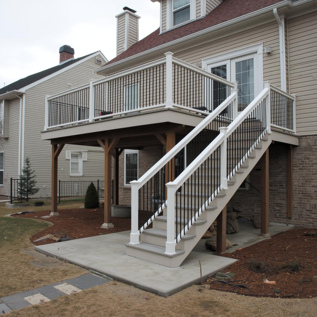 Railings & Stair Installation 12 Elevated backyard deck with white stair railings professionally installed for safety and durability in Pittsburgh.