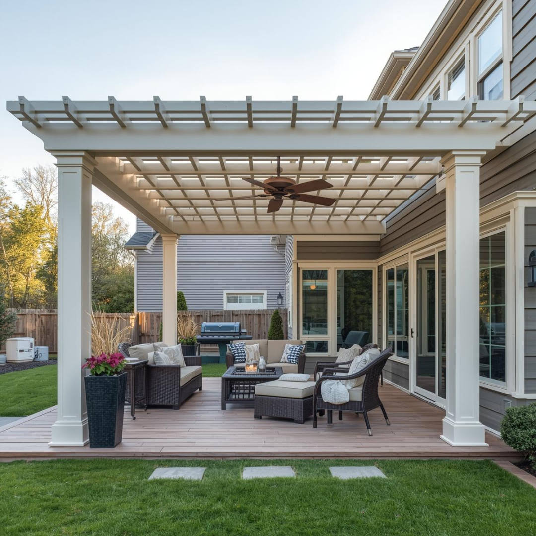 White pergola installed over a backyard deck in Pittsburgh, creating a shaded outdoor living area.