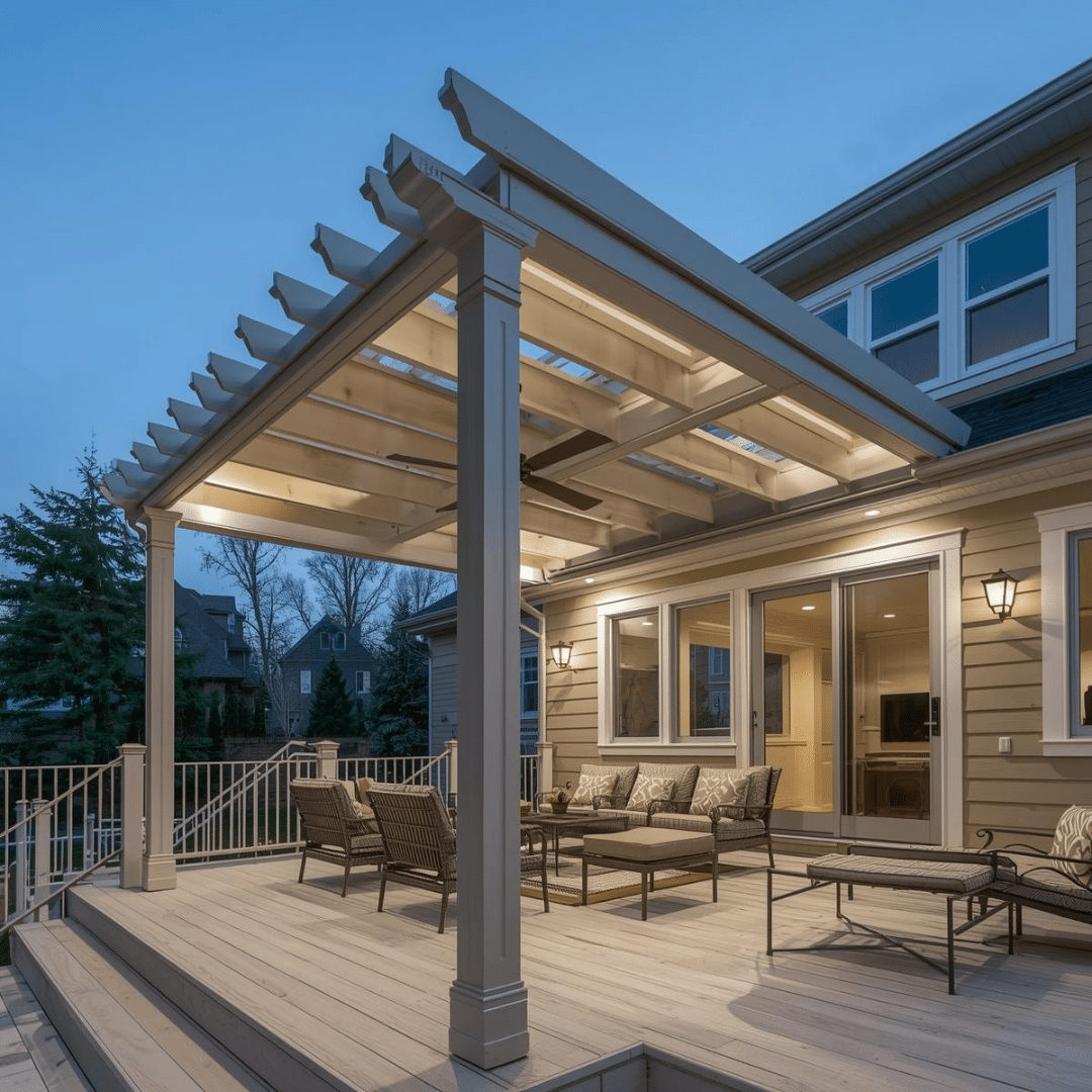 Custom wood pergola attached to a Pittsburgh home providing shade and outdoor seating space.