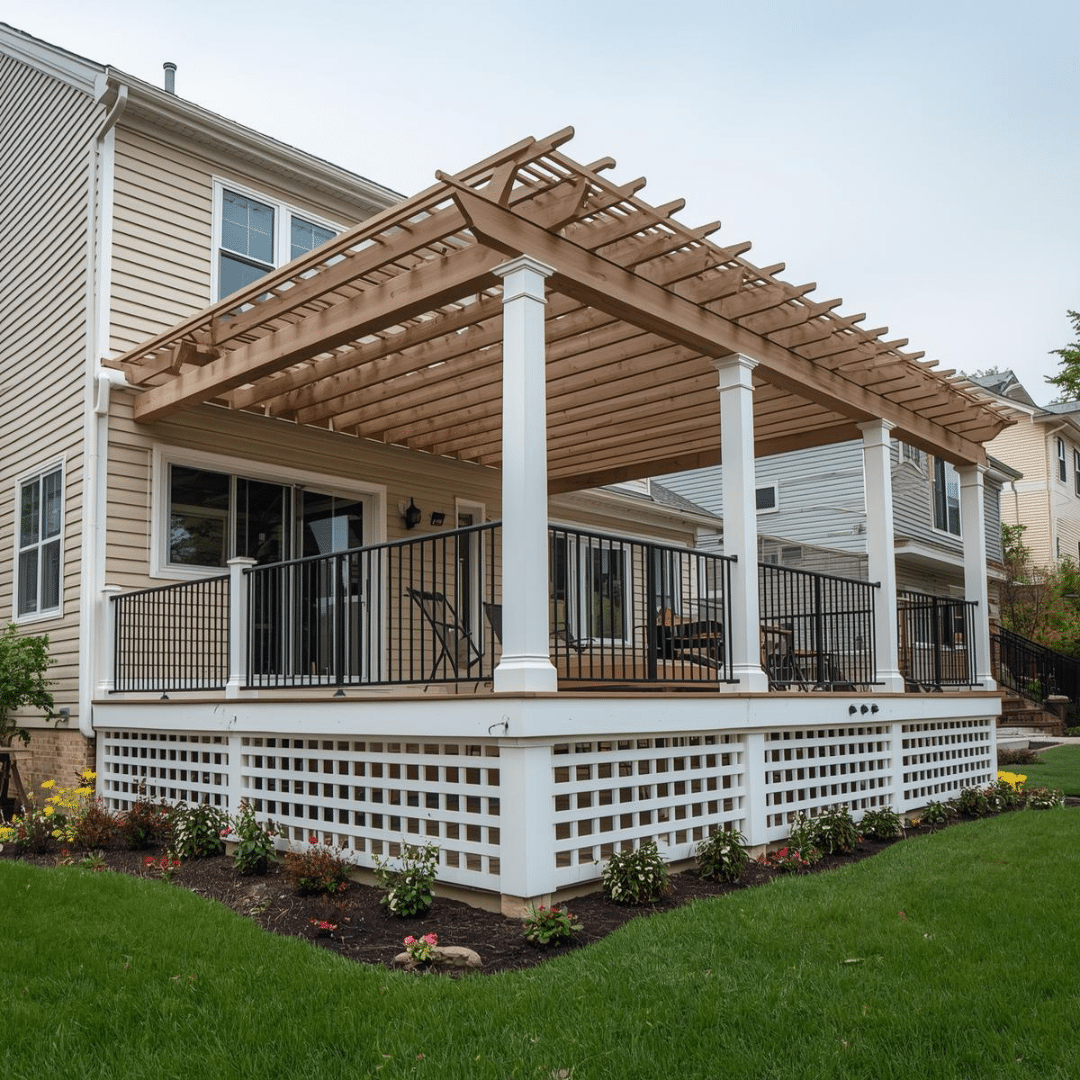 Custom wood pergola with covered deck and railings installed for a Pittsburgh home backyard.