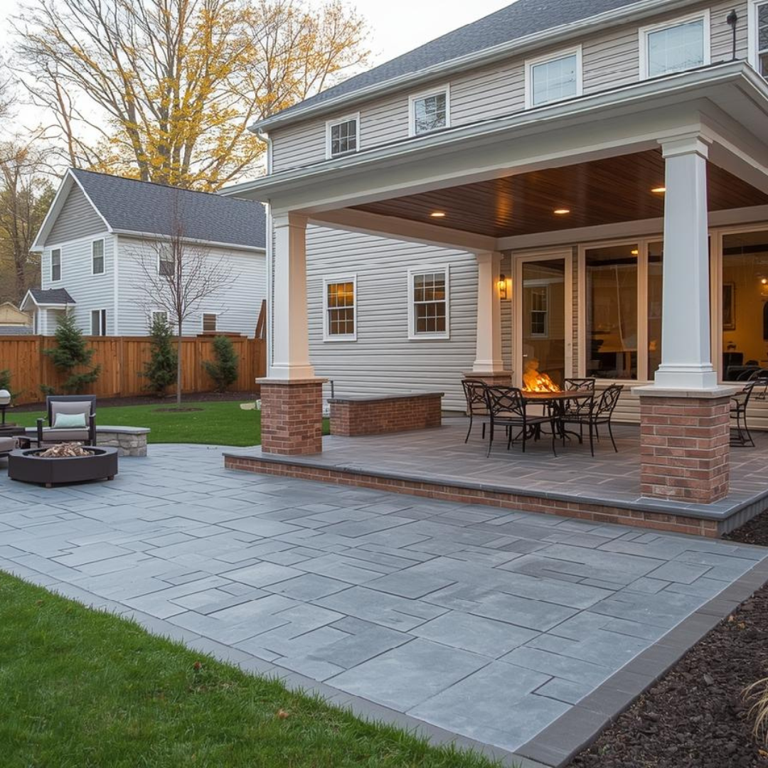 Concrete paver patio with covered outdoor seating in Pittsburgh