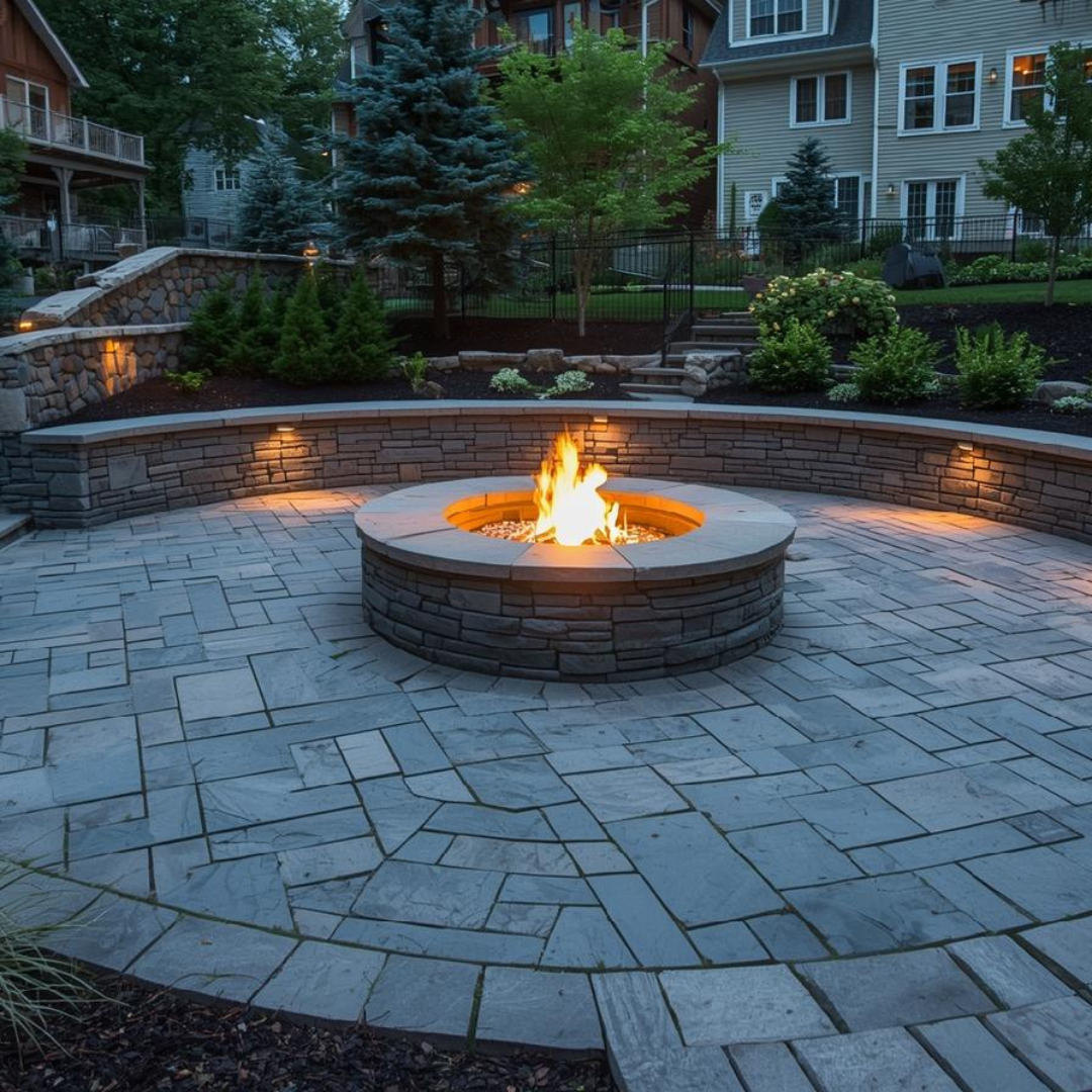 Stone paver patio with built-in fire pit in Pittsburgh