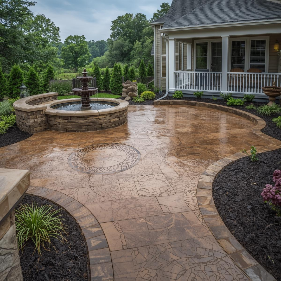 Stamped concrete patio with water feature in Pittsburgh