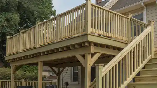 Gallery 7 Elevated wooden deck with pressure treated lumber and safety railings built for backyard outdoor living.