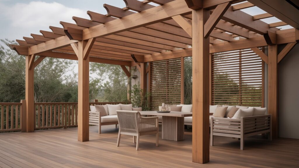 Gallery 13 Custom wood pergola built over a backyard deck with seating area, designed for outdoor comfort and shade.