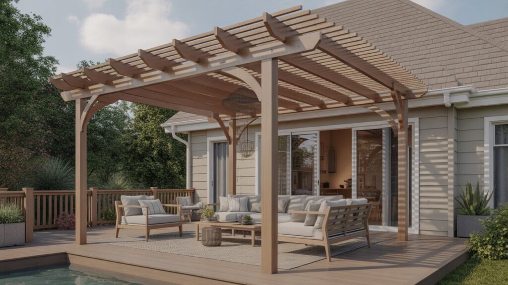 Gallery 12 Pergola covered deck with outdoor seating designed for comfortable backyard entertaining.