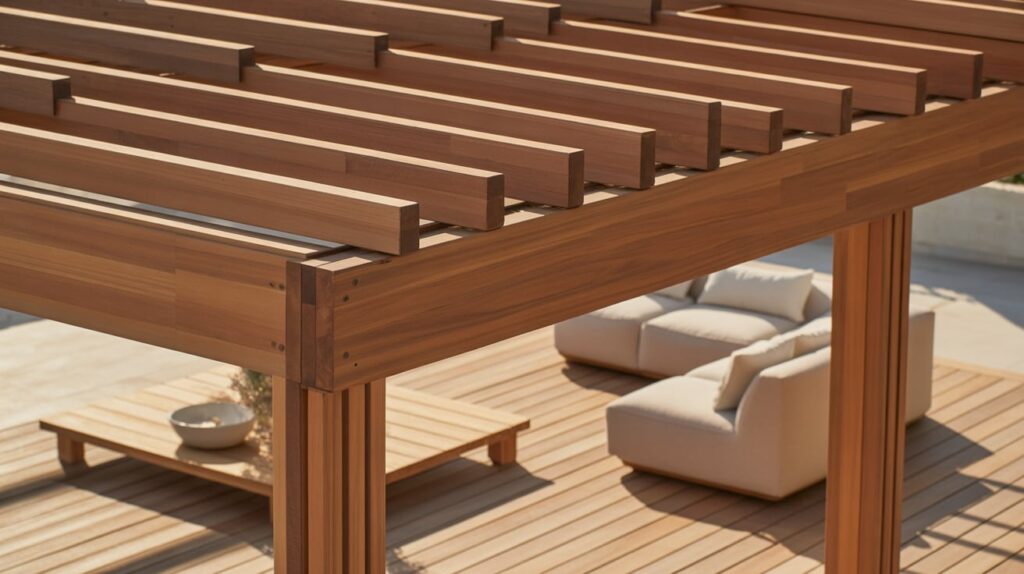 Gallery 11 Close-up view of custom wood pergola beams installed over a deck for shade and style.