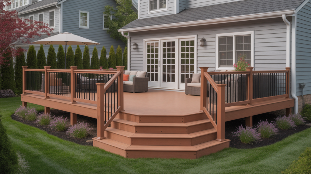 Gallery 15 Modern composite deck with wide steps and black railing, enhancing backyard space with durable materials.