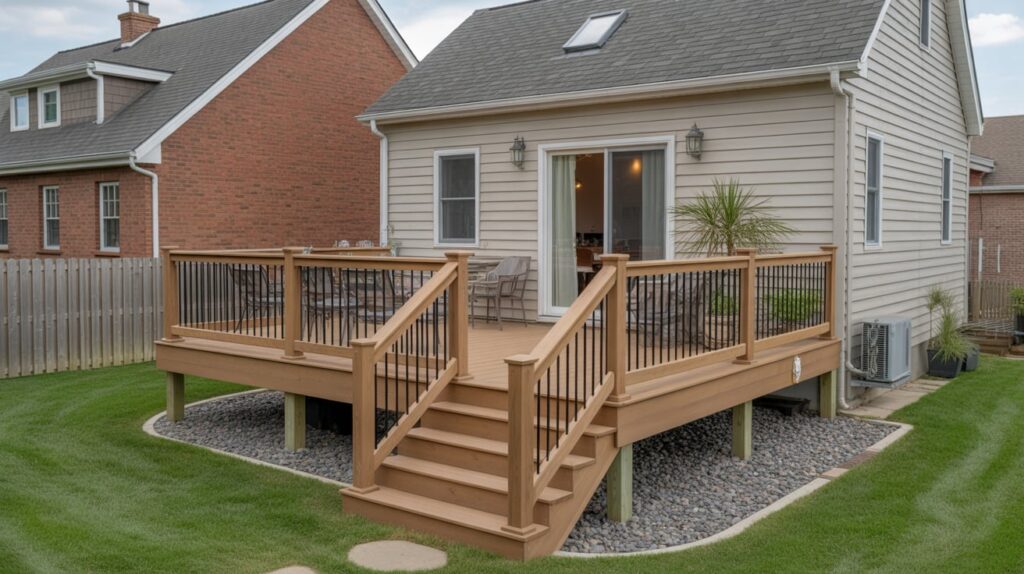 Gallery 14 Raised backyard deck with wood stairs and black railing, professionally built for safe outdoor living.