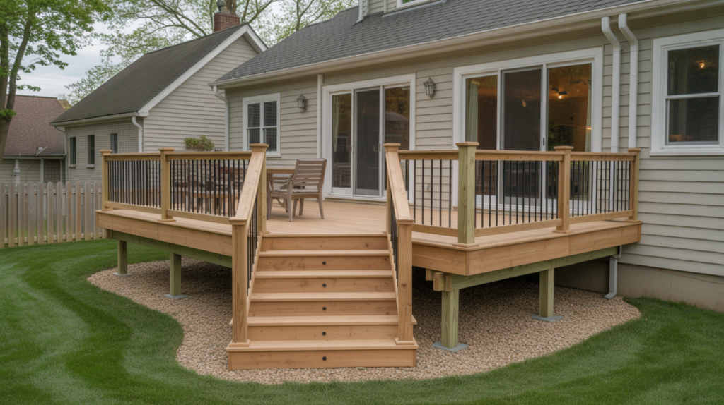 Gallery 2 Professionally built backyard deck with wood railings and center stair access.