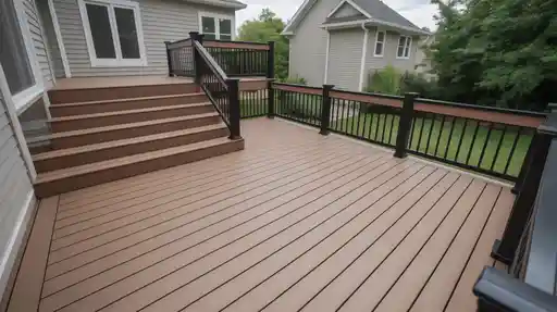 Gallery 6 Custom residential deck featuring composite boards and black aluminum railings.