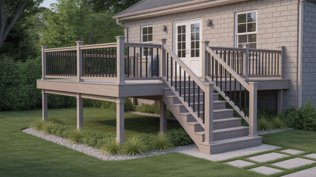 Gallery 10 Contemporary backyard deck featuring gray decking boards and black metal railing system.