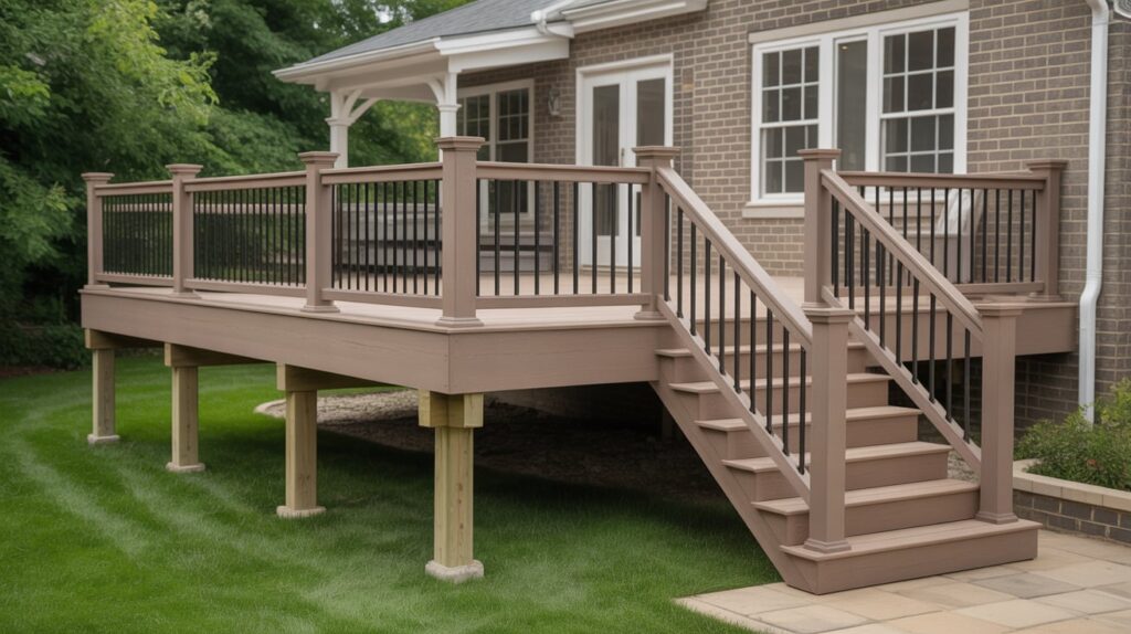 Gallery 9 Modern composite deck with matching stairs and railings designed for low maintenance outdoor spaces.