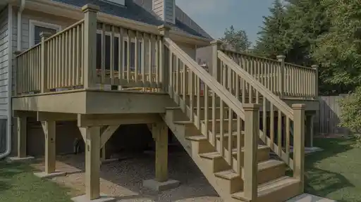 Gallery 8 Raised backyard deck featuring clean stair installation and durable wood railings for safe access.