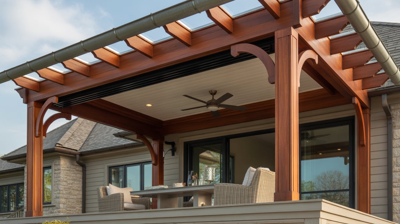 Custom wood pergola attached to a Pittsburgh home, providing shade and outdoor seating space.