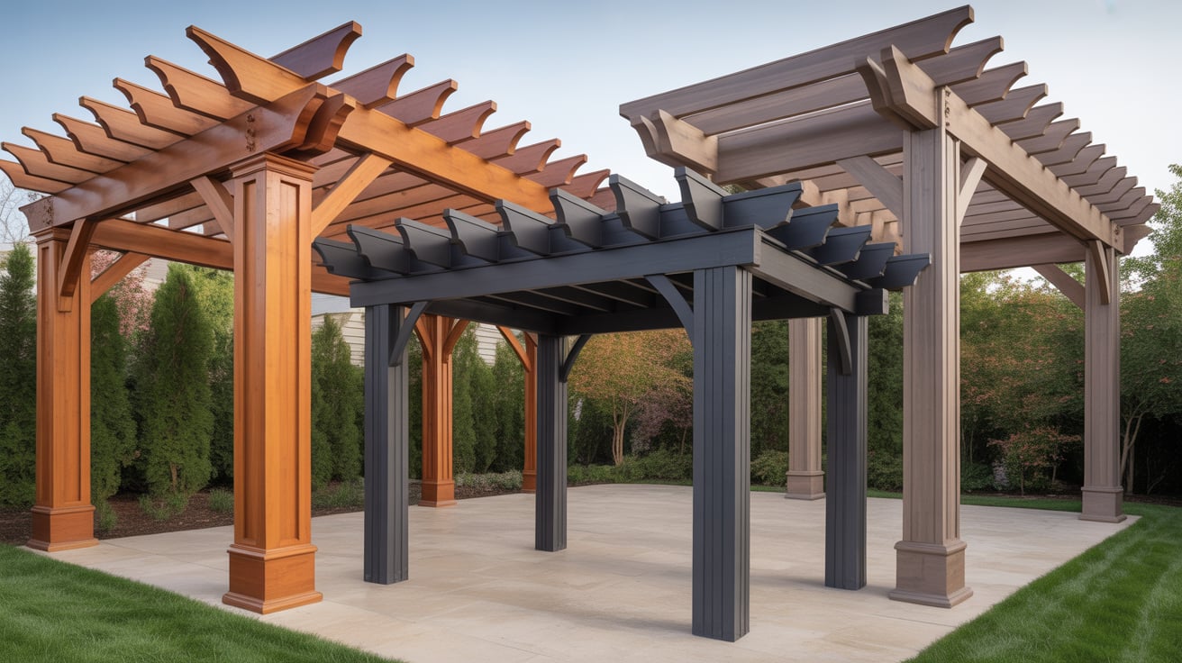 Multiple pergola styles showcasing wood and composite pergola designs installed in Pittsburgh backyards.