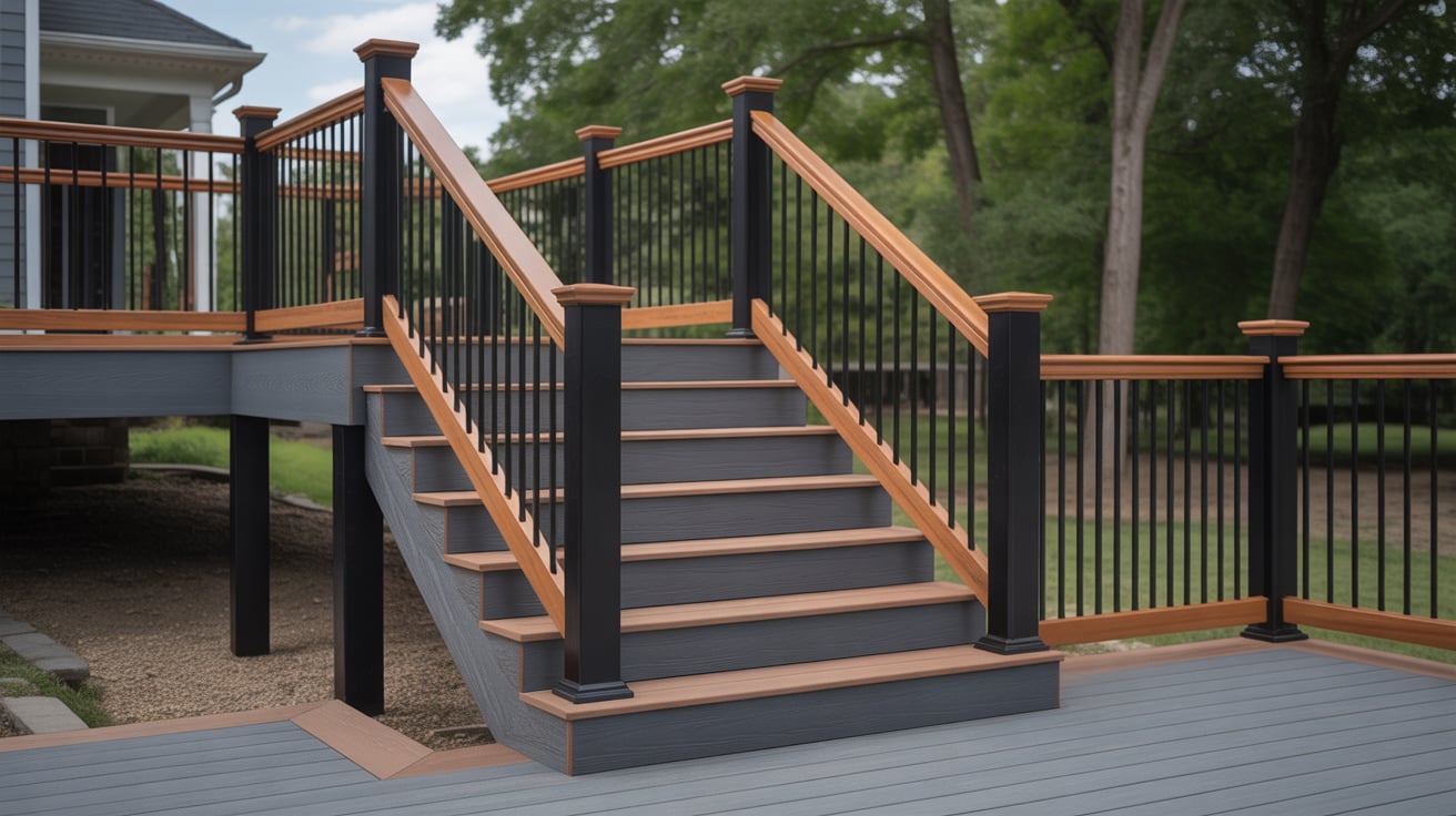 Railings & Stair Installation 1 Composite deck stairs with black metal balusters and wood handrails installed by professional railing contractors in Pittsburgh.
