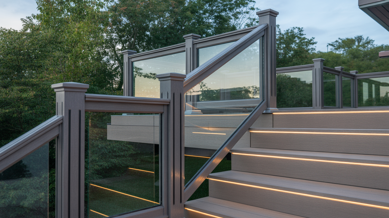 Railings & Stair Installation 2 Contemporary glass deck railing system with integrated LED stair lighting, professionally installed for safety and style in Pittsburgh.